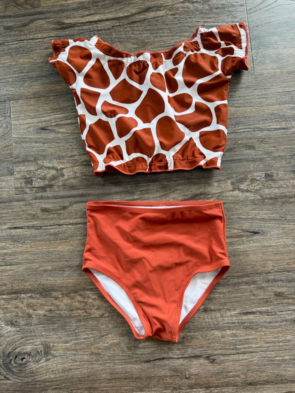 Girls' Terracotta Off-Shoulder Ruffle Two-Piece High Waist Swim Set Tankini